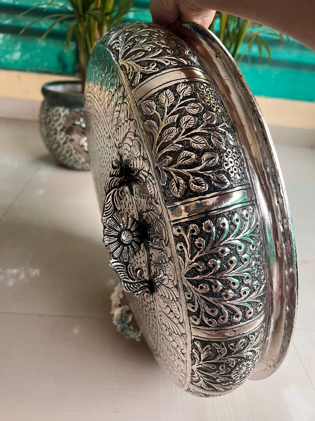 Antique finish German silver fully carved urli bowl for home decor